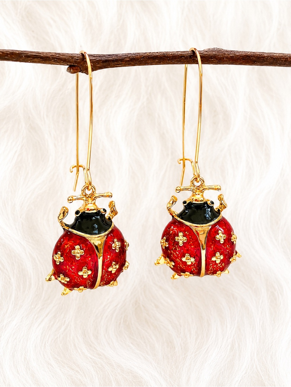Gold-Tone Red Ladybug Drop Earrings - Women Jewelry